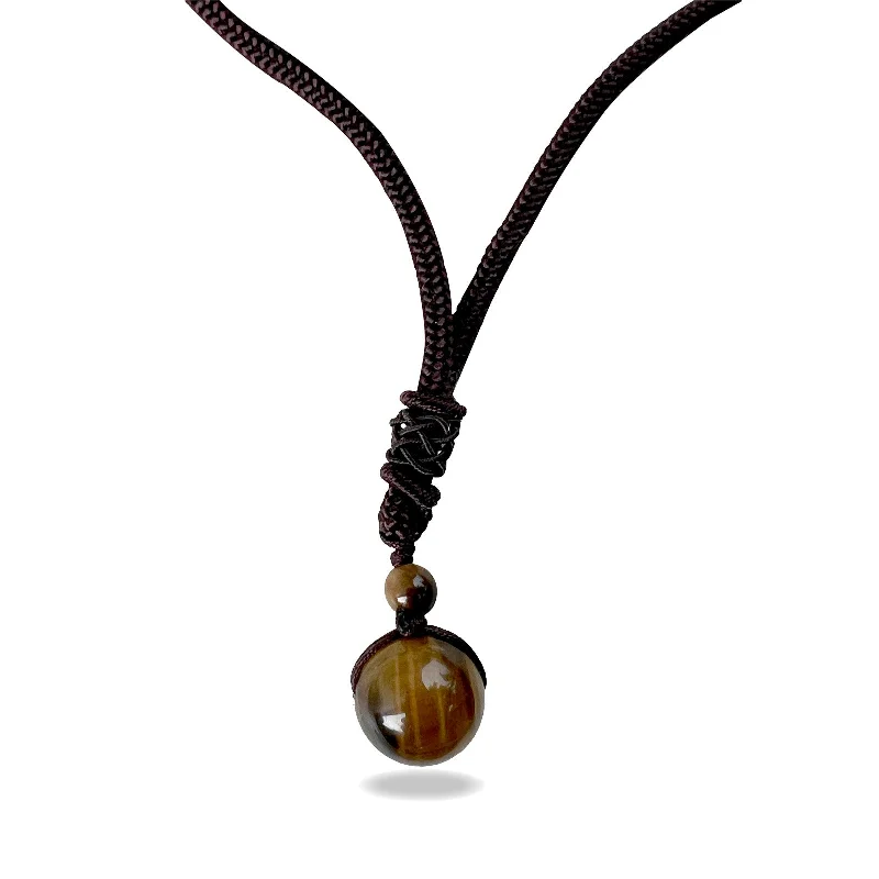 Best necklaces and pendants with adjustable chains for a customizable fit-Brown Cord Natural Brown Tiger Eye Round Bead Reiki Healing Pendant Necklace