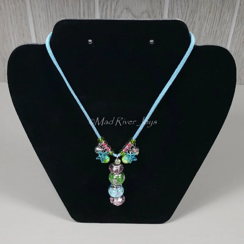 Best necklaces and pendants with black diamonds for an edgy, bold statement-Necklace--Pink and Blue Glass Bead with Star Charms