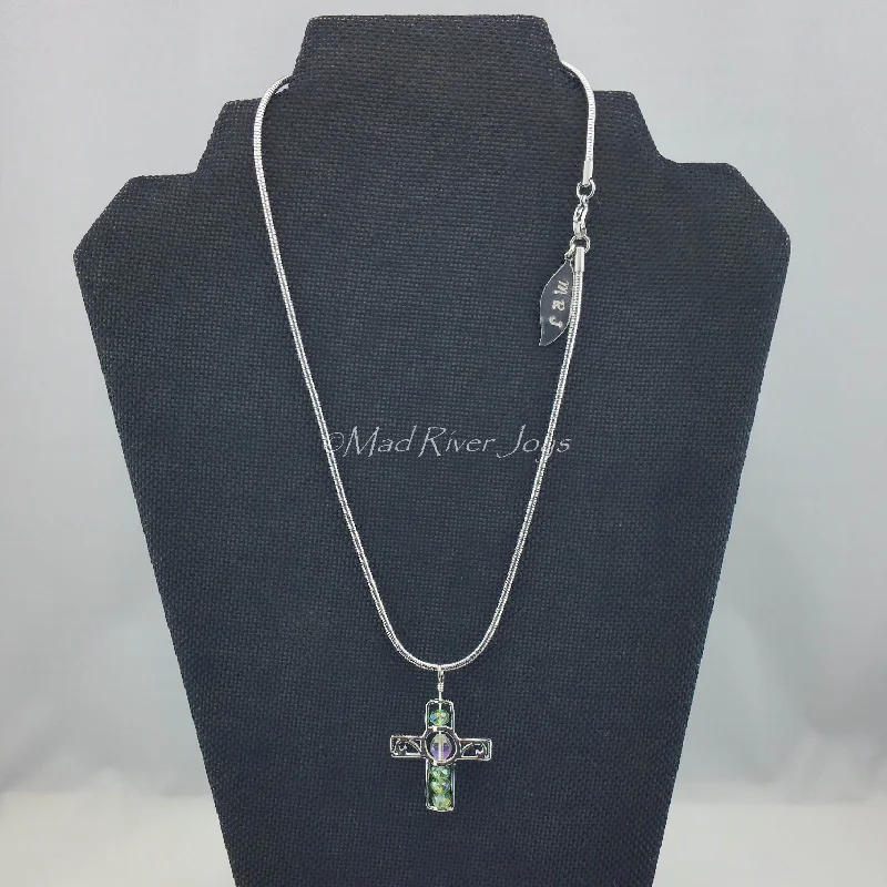 Beautiful necklaces and pendants with gemstone teardrops for an elegant effect-Necklace--Silver Cross--Light Green AB