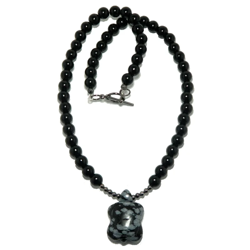 Elegant necklaces and pendants with diamond accents for added sparkle-Black Obsidian Necklace Snowflake Turtle Gunmetal