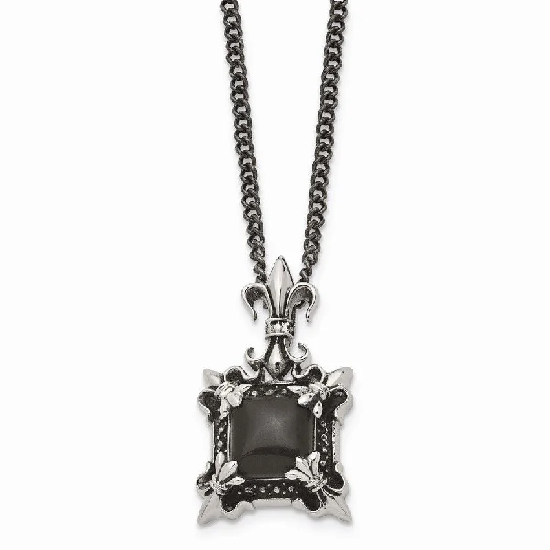 Best necklaces and pendants for everyday wear with minimalist designs-Stainless Steel Antiqued & Black Agate & Fleur de lis Necklace