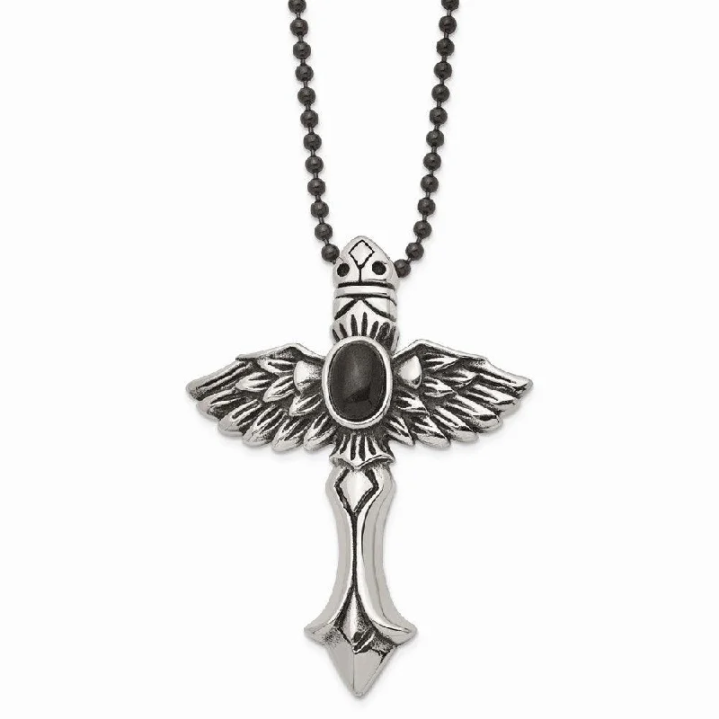 Necklaces and pendants with star-shaped designs for a whimsical, celestial touch-Stainless Steel Antiqued Cross w/Wings & Black Stone 24in Necklace