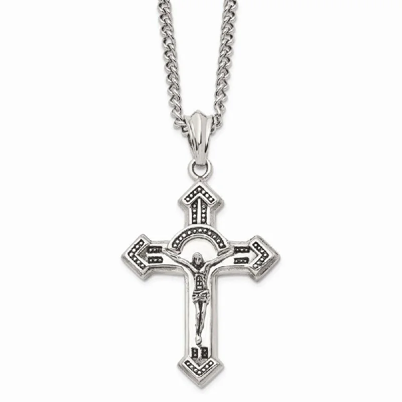 Necklaces and pendants with matching rings for a coordinated set of jewelry-Stainless Steel Antiqued & Polished Crucifix 24in Necklace