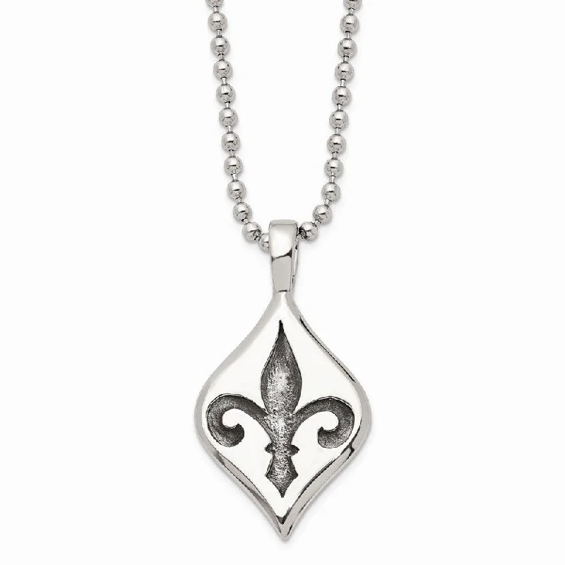 Necklaces and pendants with leaf-shaped designs for an earthy, organic feel-Stainless Steel Antiqued & Polished Fleur de lis Necklace