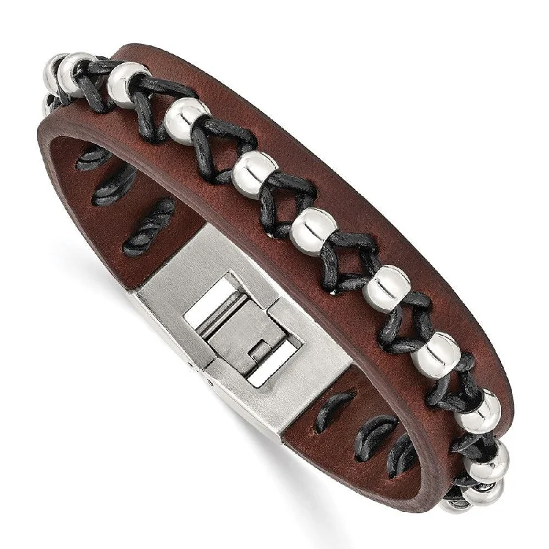 Necklaces and pendants with sun and moon motifs for a celestial-inspired design-Stainless Steel Brown Leather with Polished Beads Bracelet