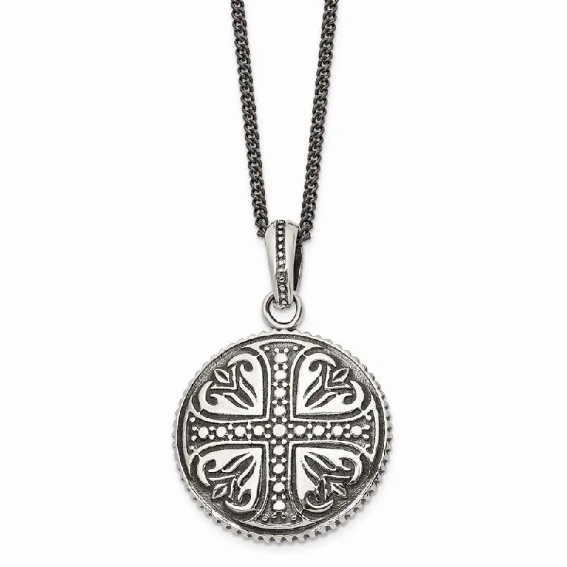 Best necklaces and pendants with intricate beadwork for a bohemian-inspired look-Stainless Steel Polished & Antiqued Cross Circle 22in Necklace