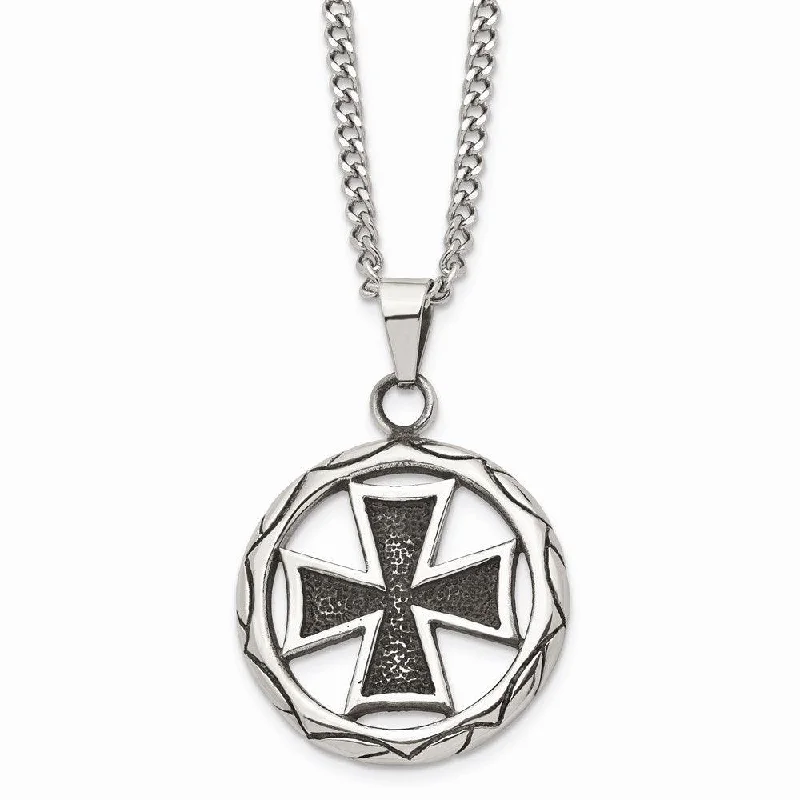 Necklaces and pendants with sun and moon motifs for a celestial-inspired design-Stainless Steel Polished & Antiqued Cross in Circle 22in Necklace