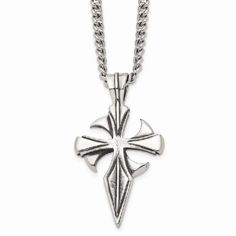 Necklaces and pendants with matching rings for a coordinated set of jewelry-Stainless Steel Polished & Antiqued Dagger Cross 22in Necklace