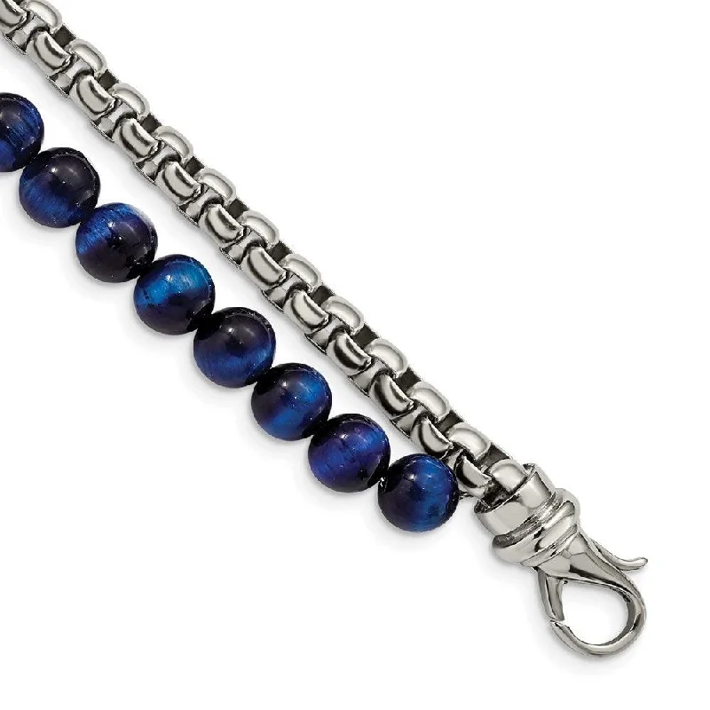 Necklaces and pendants with infinity love symbols for an eternal, romantic gesture-Stainless Steel Polished Box Chain & Blue Tiger's Eye 2 Strand 8.5in Bracel