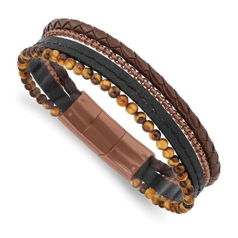 Best necklaces and pendants with layered designs for a chic, stacked look-Stainless Steel Polished Brown IP w/Tiger's Eye Leather w/.5in ext Bracele