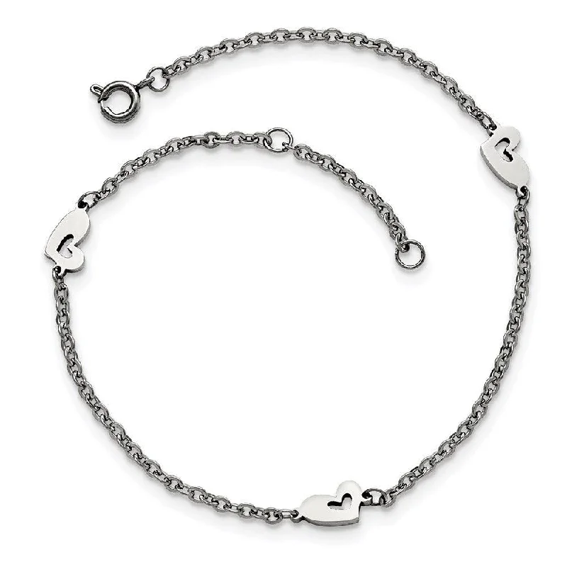 Simple necklaces and pendants with bar pendants for a sleek modern design-Stainless Steel Polished Hearts with 1in extension Anklet