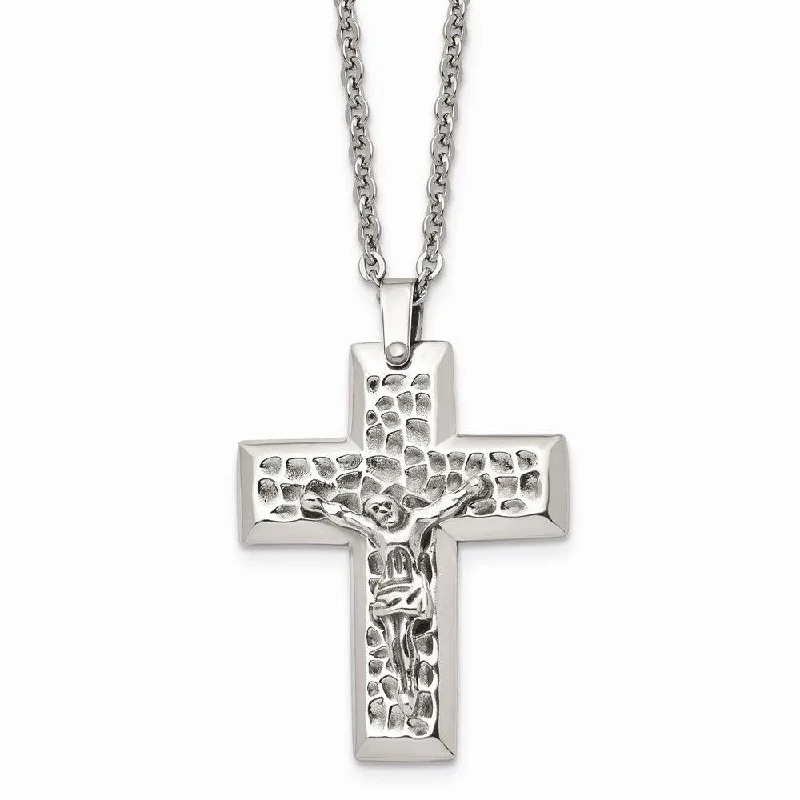 Necklaces and pendants with celestial starburst designs for a radiant look-Stainless Steel Polished & Textured Crucifix 20in Necklace