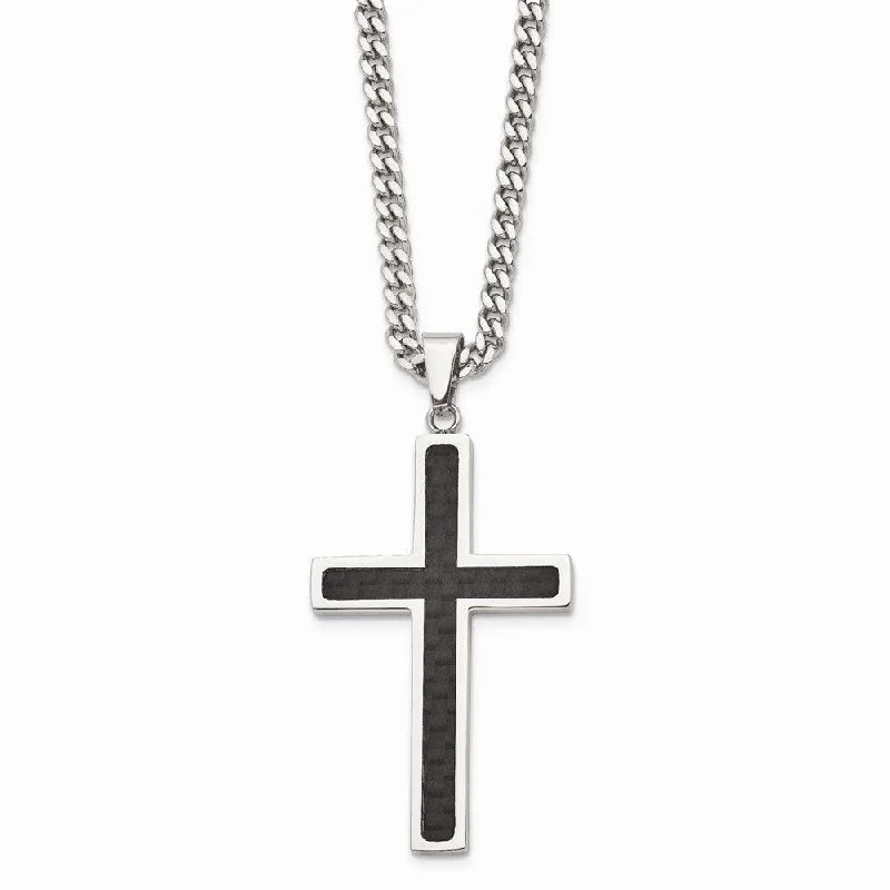 Necklaces and pendants with love knot designs for a romantic, meaningful symbol-Stainless Steel Polished w/Black Carbon Fiber Cross 24in Necklace