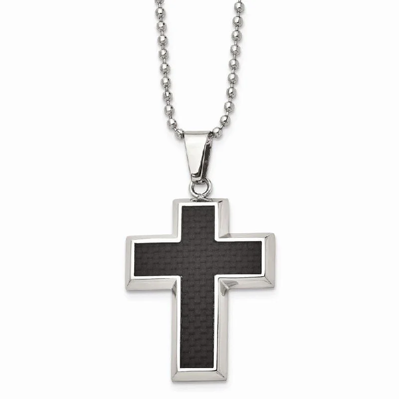 Unique necklaces and pendants with vintage-inspired designs for timeless appeal-Stainless Steel Polished w/Carbon Fiber Inlay Cross 22in Necklace