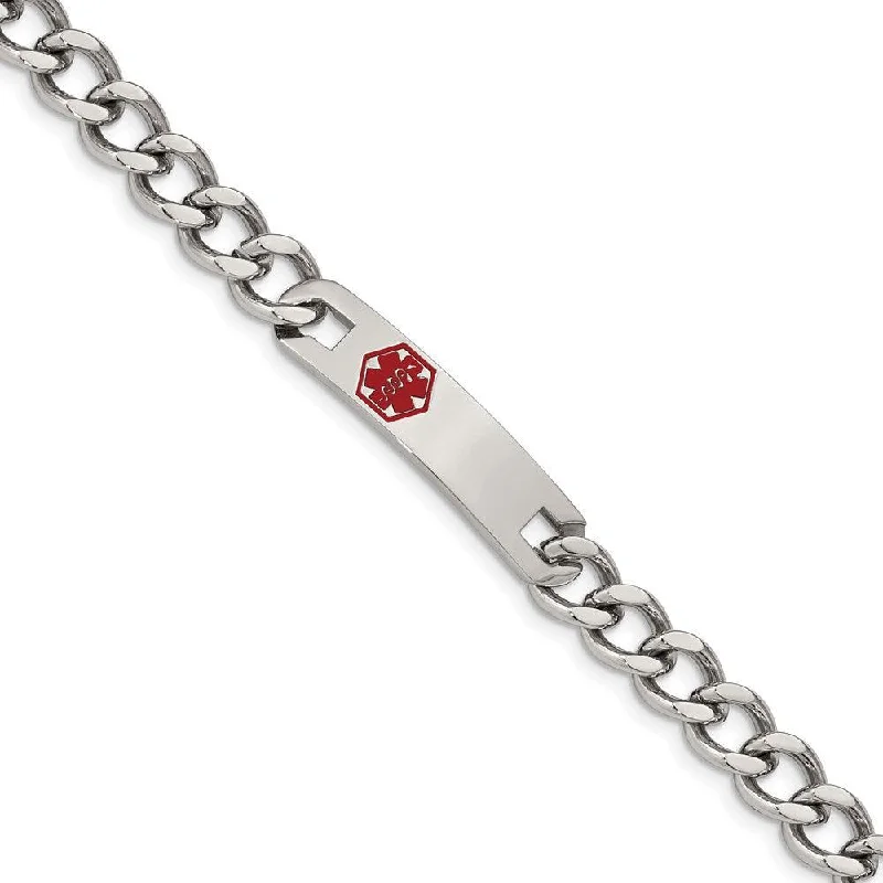 Necklaces and pendants with geometric pendants for a clean, contemporary design-Stainless Steel Polished with Red Enamel 9.5in Medical ID Bracelet