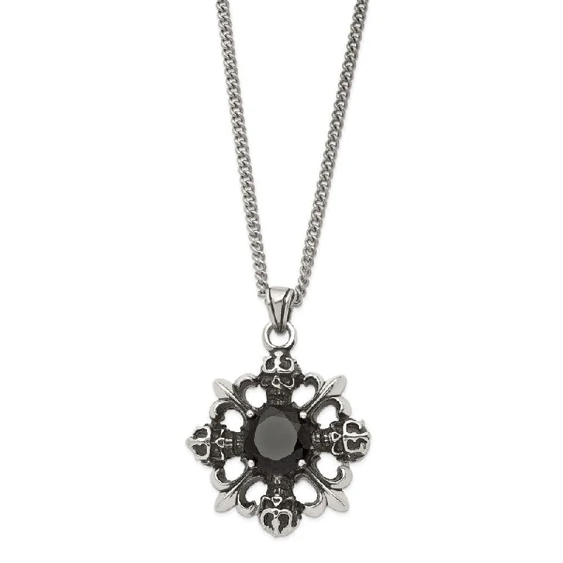 Beautiful necklaces and pendants with moon and star charms for a dreamy effect-Stainless Steel Skulls & Fleur de lis w/Black CZ 22in Necklace