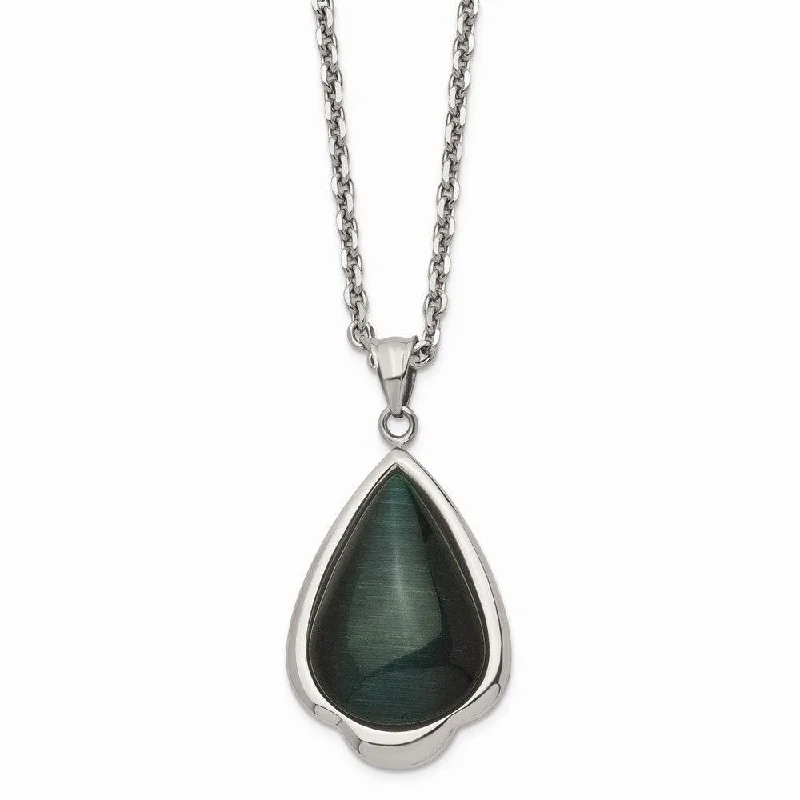 Best necklaces and pendants with minimalist pendants for a sleek, understated look-Stainless Steel Synthetic Green Cats Eye Teardrop 20in Necklace