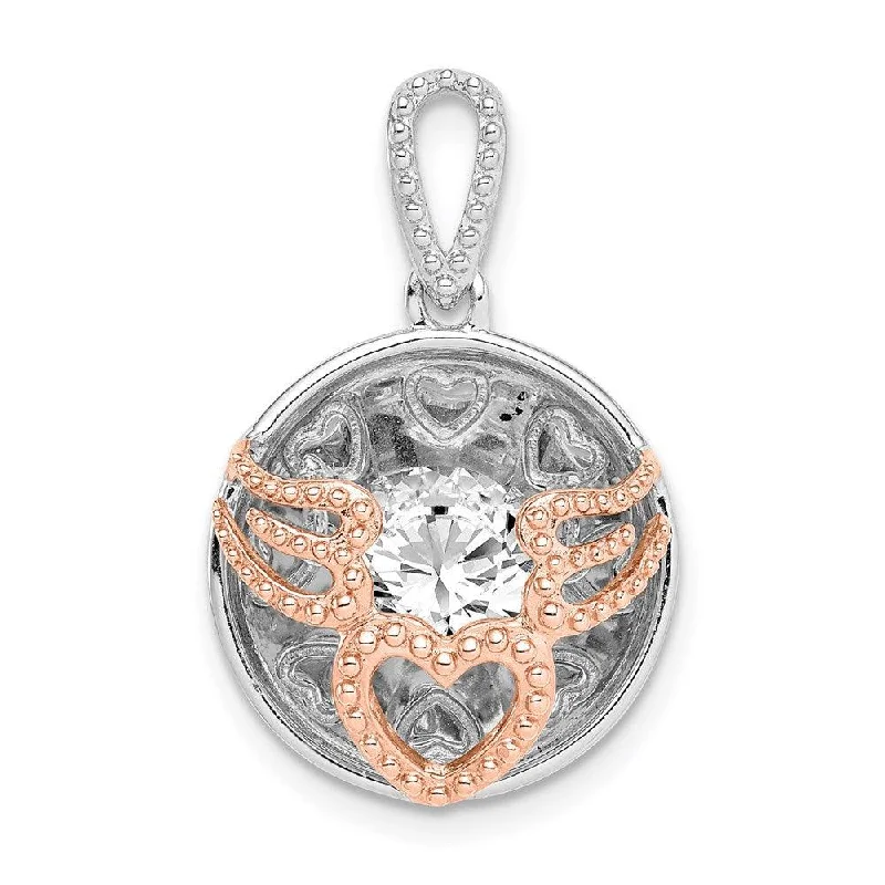 Necklaces and pendants with personalized charms for a custom piece of jewelry-Sterling Silver Rhod-plated & Rose-tone Heart & Wings w/Vibrant CZ Pendant