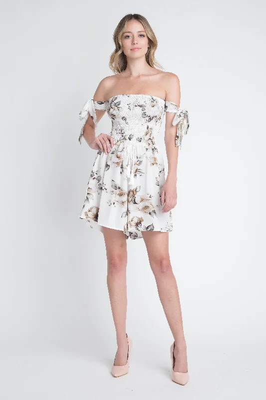 Layered necklaces and pendants for a trendy and fashionable stacked look-Women's Off Shoulder Smocked Floral Tie Romper