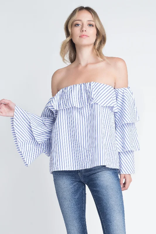 Best necklaces and pendants with intricate filigree for vintage-inspired elegance-Women's Off Shoulder Stripe Ruffle Long Sleeve Top