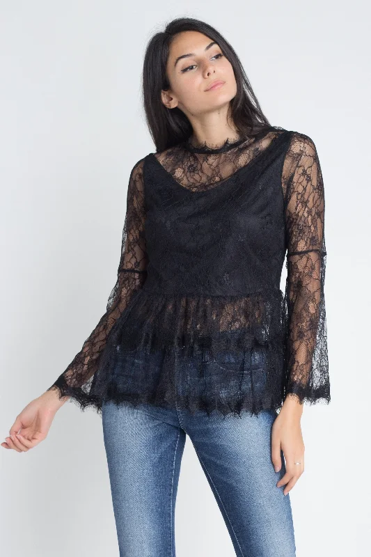 Stunning necklaces and pendants with amethyst gemstones for a calming effect-Women's Semi Lace Zipper Back Flare Sleeve Blouse